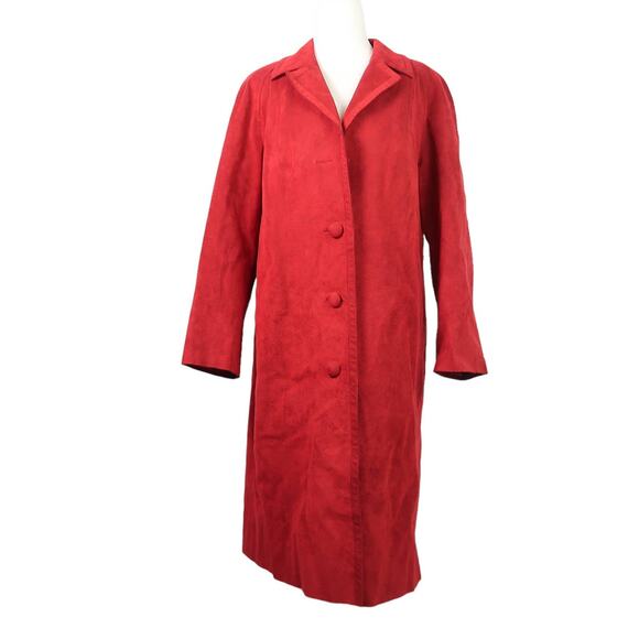 Vintage 70s deep red faux suede button front mid length coat L - Picture 1 of 7